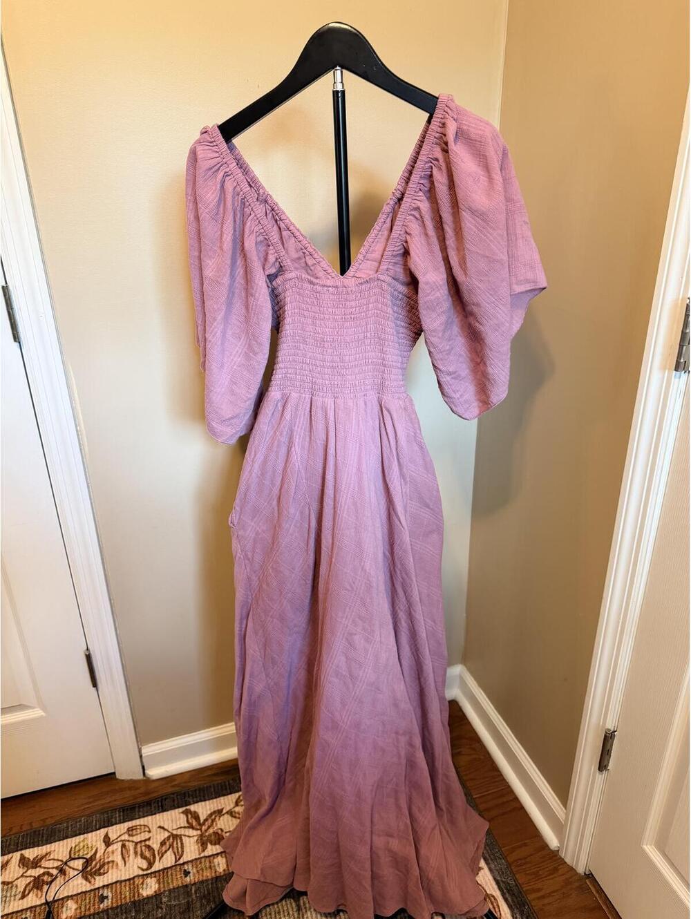 Free People Mauve Gauze Maxi Dress XS Boho Ruched Flutter Sleeve Cottagecore - Picture 7 of 7